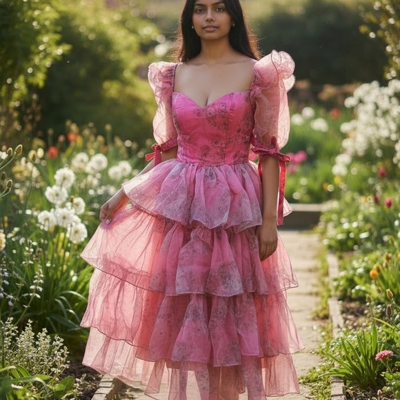 Floral Pink Layered Ruffle Dress - Picture 5 of 5